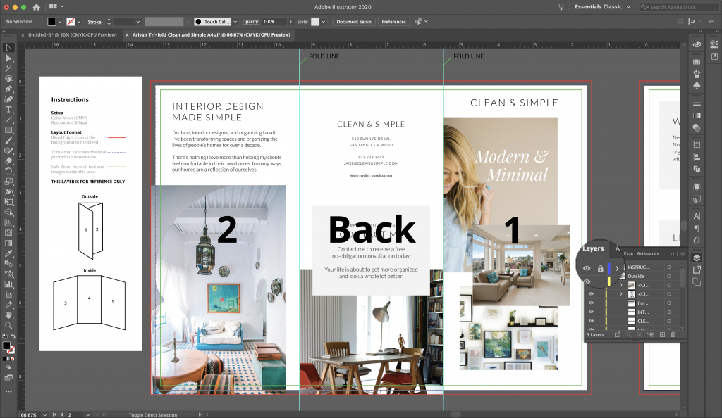 Brochure in Illustrator with instructions layer showing guides and fold lines