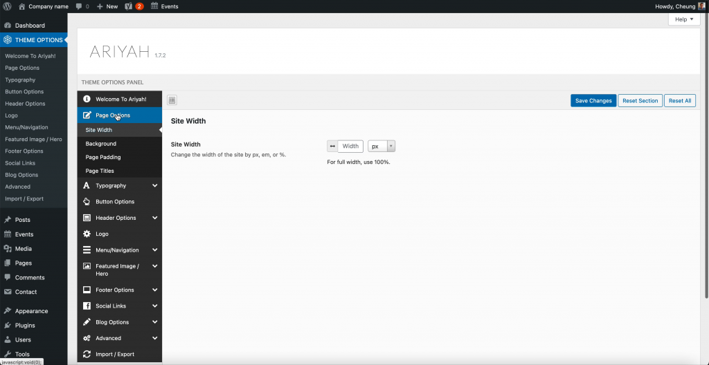 Ariyah Page Options Site Width