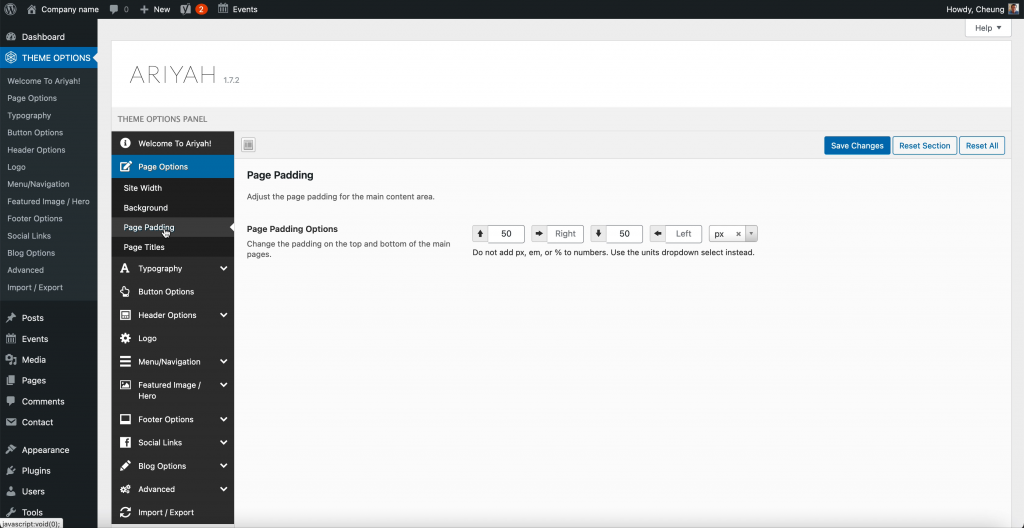 Ariyah Theme Page Padding Options