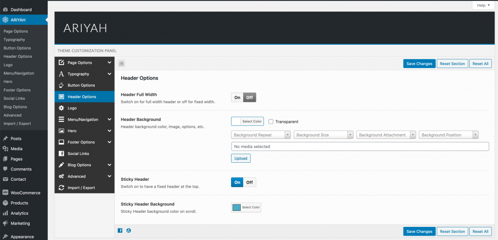 Header Options Menu