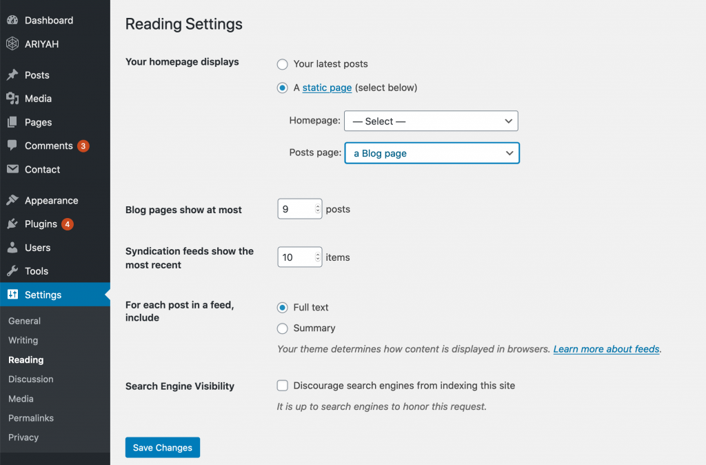 Reading Settings for blog posts
